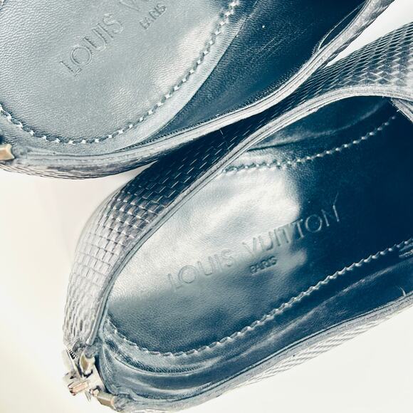 Y2K Louis Vuitton Black Embossed Checkerboard Leather Lace-Up ZIp Heel Shoes - Picture 9 of 9